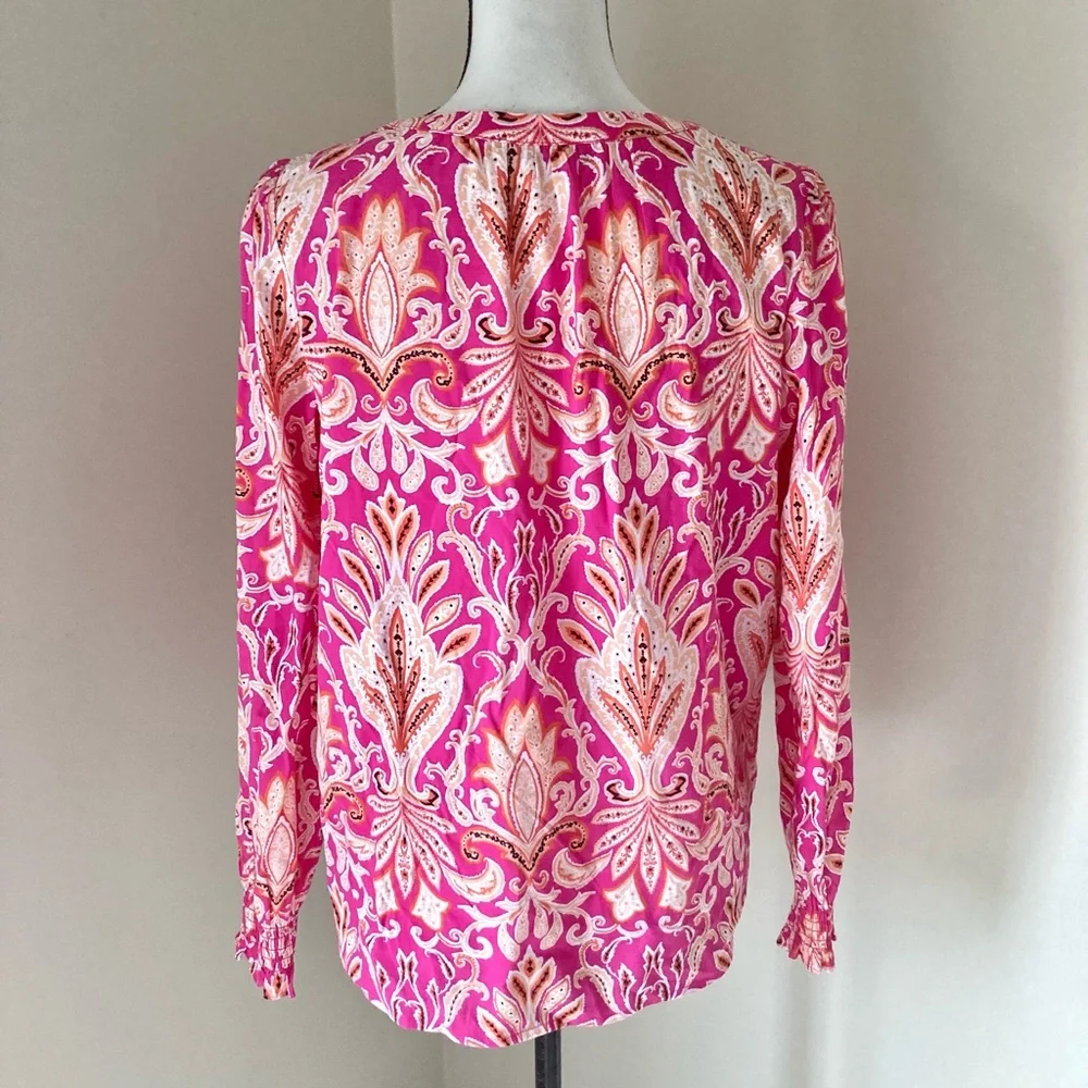 Loft Paisley Smocked Cuff V-Neck Button Blouse Size S